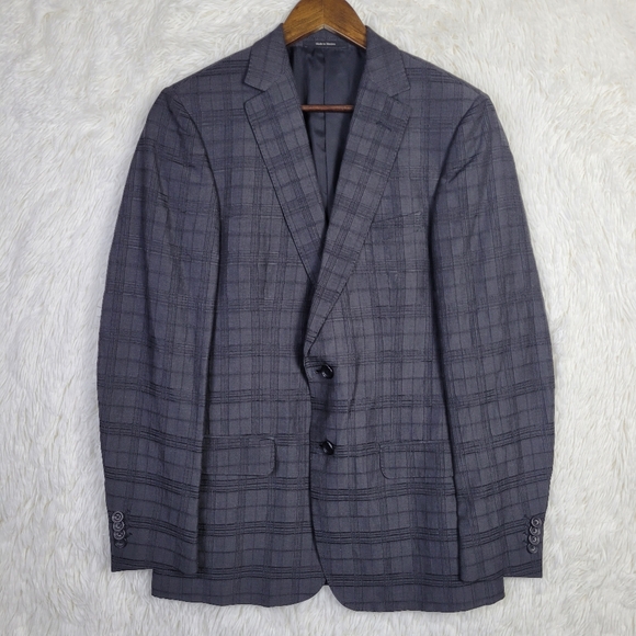 38R Z Zegna Black Check Textured Linen Blend Blazer Modern Party - Picture 1 of 14